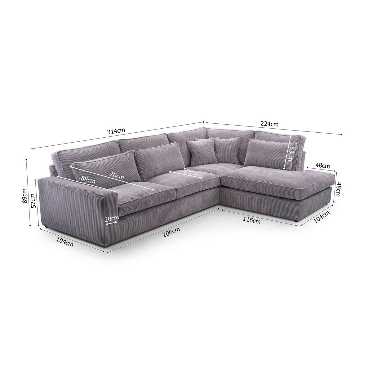 ECKSOFA COMFORTO STANDARD CORD Rechts 314 x 224 cm - Grau, Textil (314/224cm) - AN-Moebel 4u