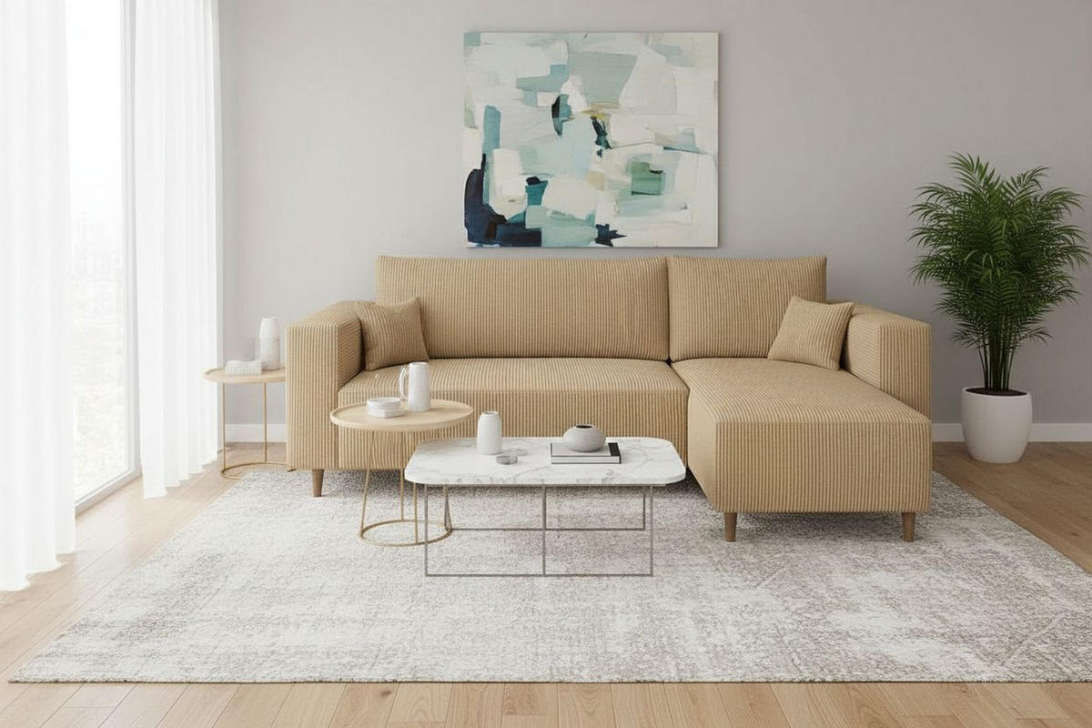 ECKSOFA RIO mit Schlaffunktion und Bettkasten, Farbe: Beige, Cordstoff, Ottomane Universal - Beige, Textil (249/142cm) - Marpur