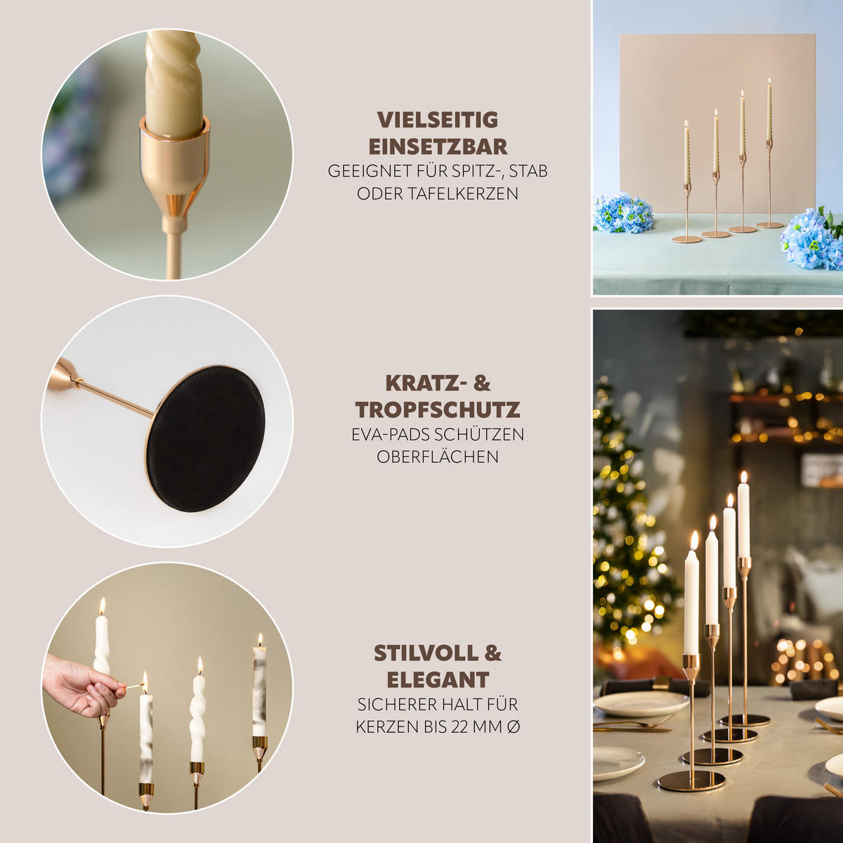 KERZENHALTER 4er-Set, Gold, Aluminium, Stahl - Roségold, Metall (10/32/10cm) - bremermann
