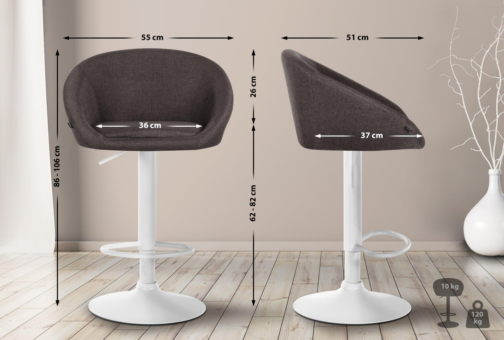 BARHOCKER OSLO Dunkelgrau Stoff Weiß - Dunkelgrau, Textil/Metall (55/86/51cm) - DELUKE