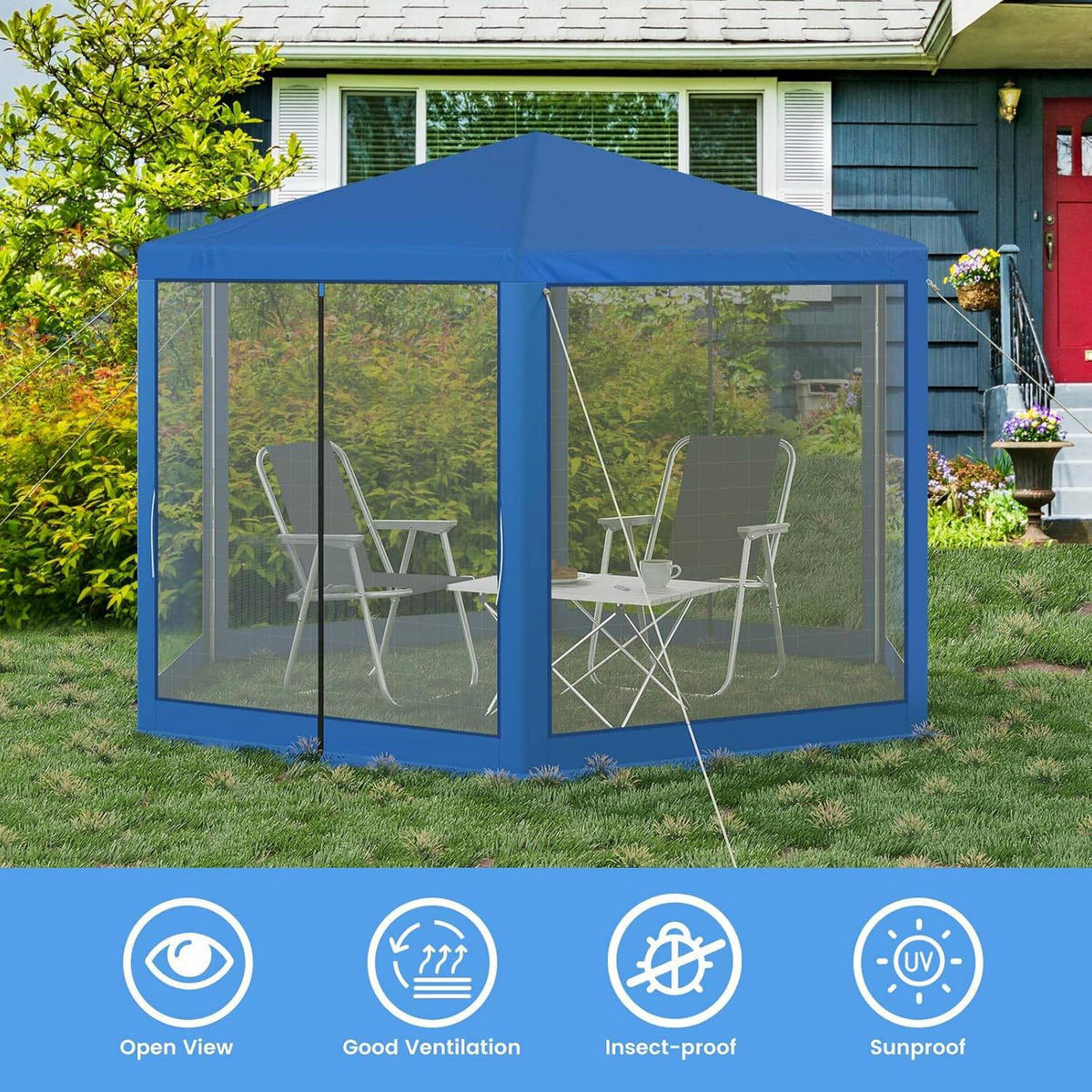 PAVILLON 3,8x3,3 m seckeckig, Gartenpavillon mit Seitenwänden Moskitonetz - Blau, Metall (380/250/330cm) - Woltu
