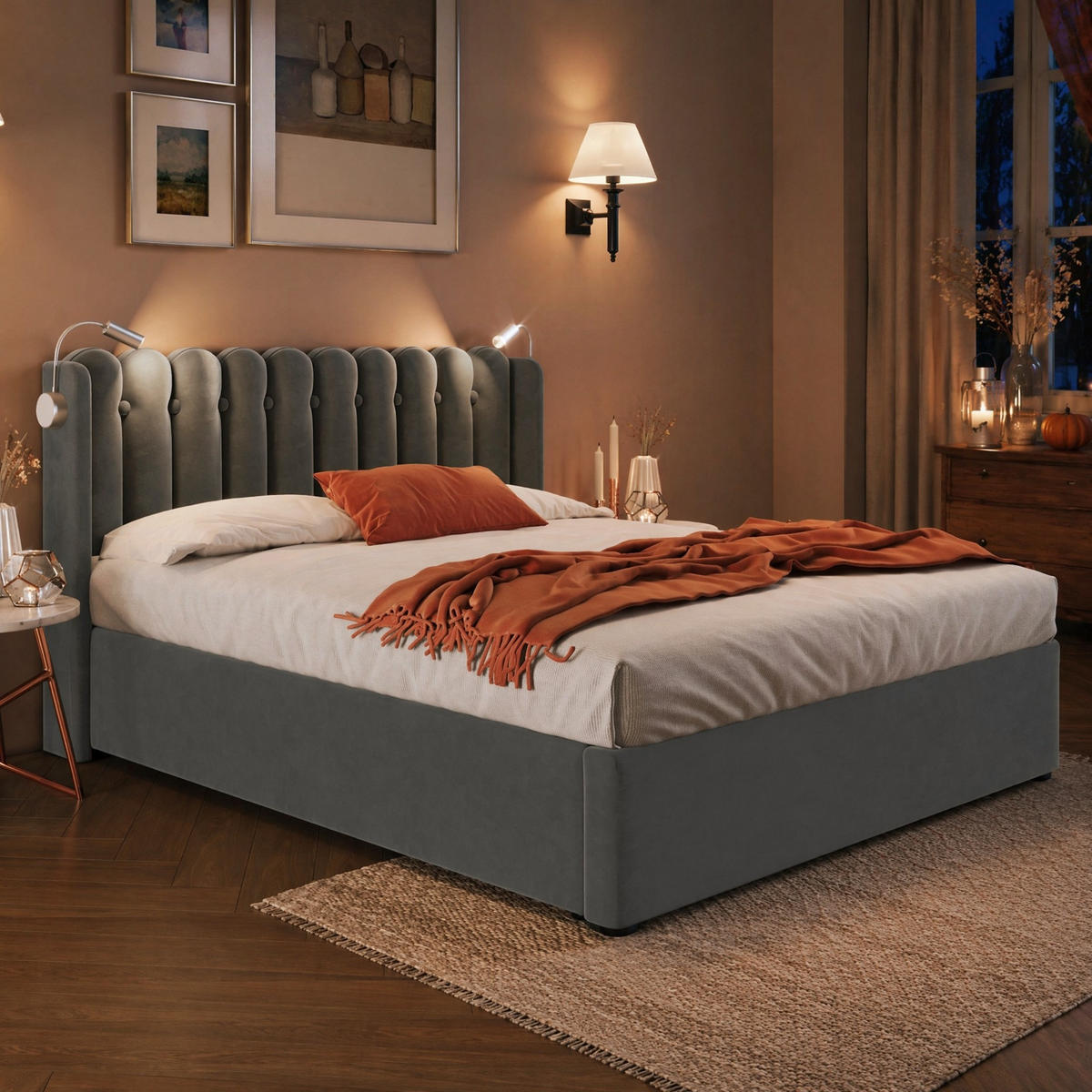 POLSTERBETT 140/200 mit Bettkasten, LED und USB in Grau - Grau, Holzwerkstoff/Textil (140/200cm) - EVRYAE