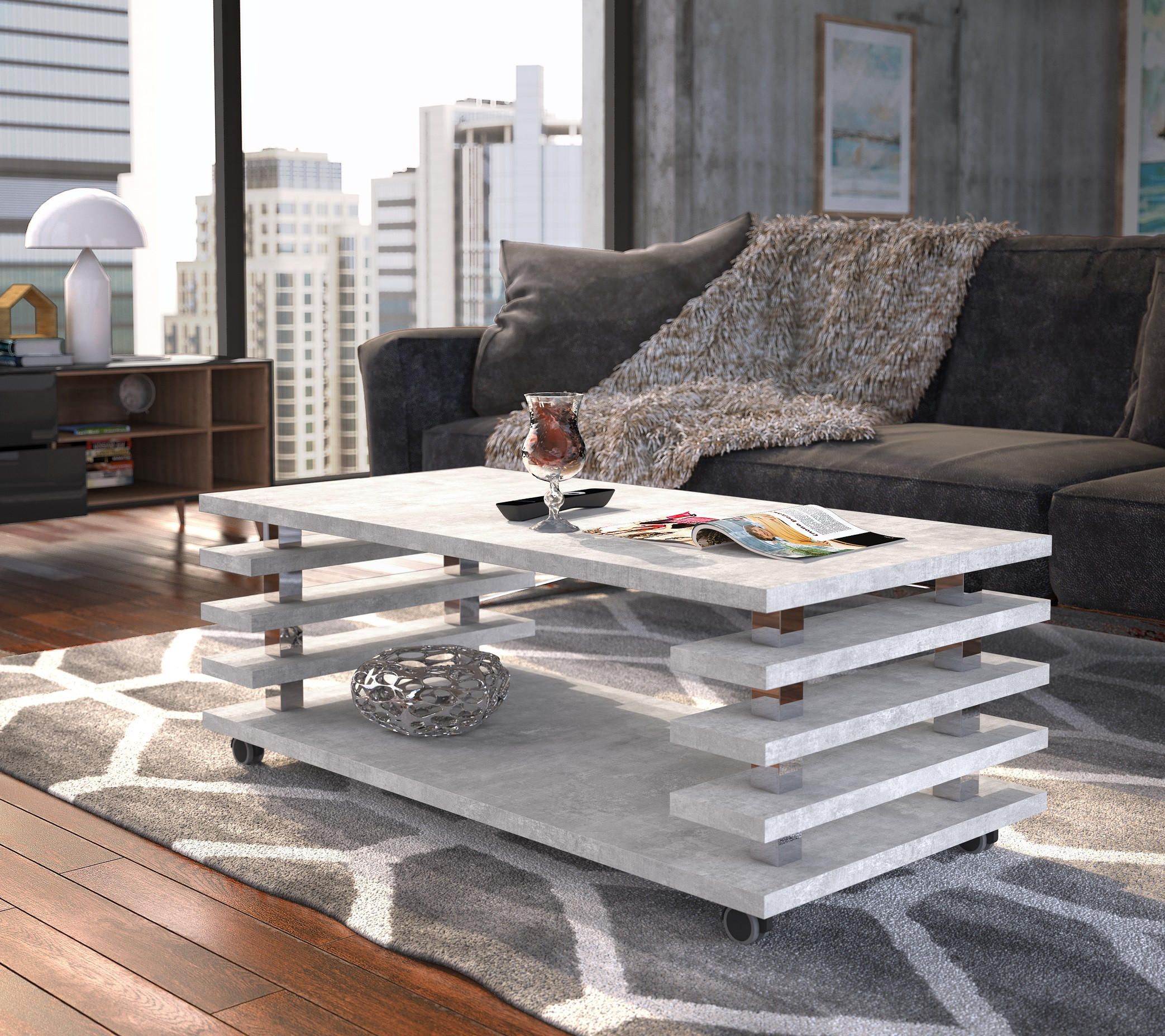 COUCHTISCH rechteckig Beton Ablage Rollen - Hellgrau, Holzwerkstoff (60/120/45cm) - designimpex