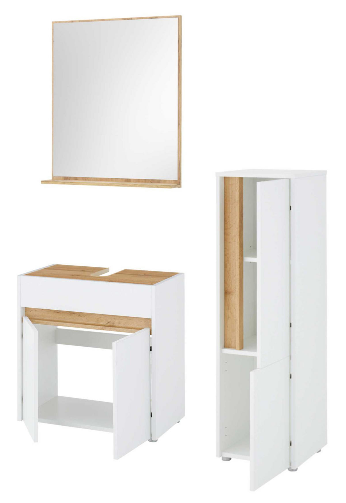 BADMÖBEL-SET 3-teilig weiß, Wotan Eiche, Badkombination 114 cm - Silberfarben/Eiche Wotan, Glas/Holz (116/200/34cm) - Furn.Design