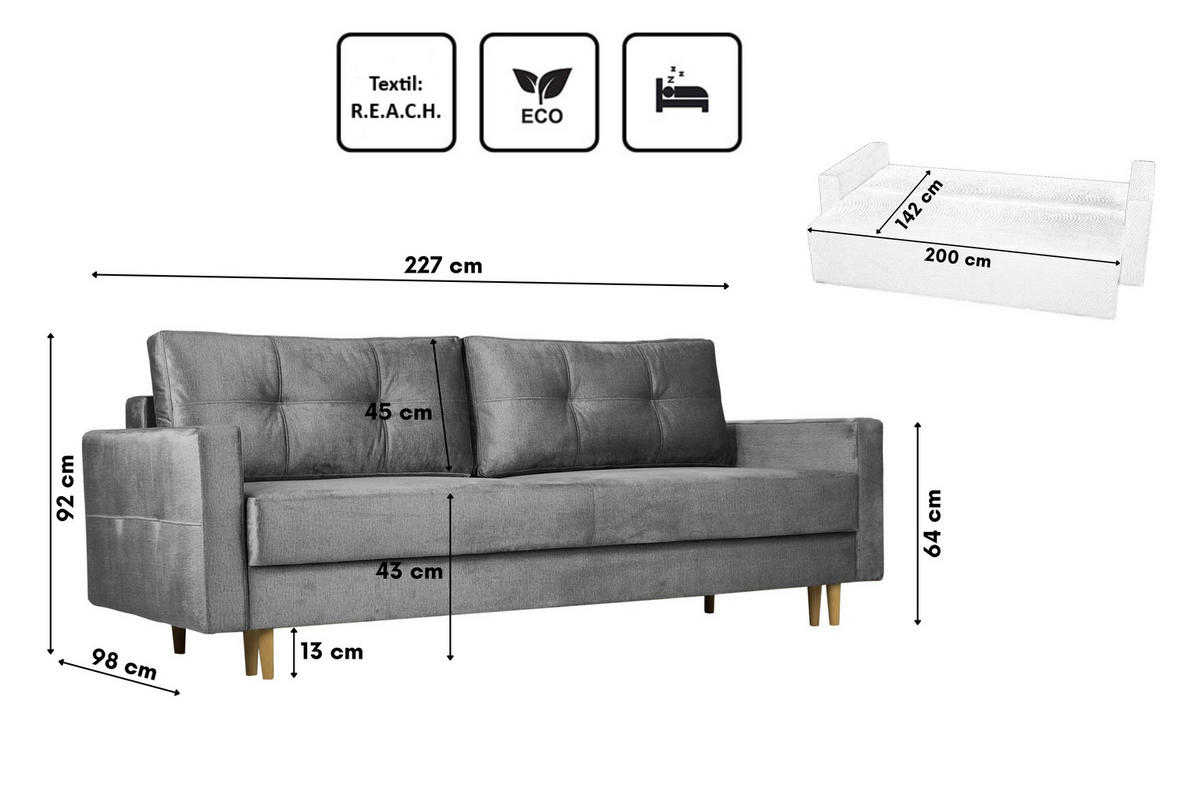 SCHLAFOSOFA Floro 3-Sitzer Stoff Monolith Silber - Silberfarben, Holz/Textil (227/92/98cm) - Kaiser Möbel