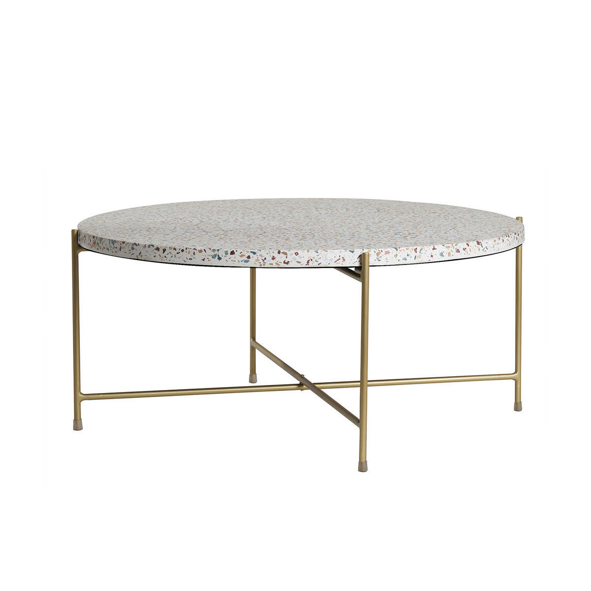 COUCHTISCH Rund Terrazzo Goldfarbenes Metall D81 cm MEZZO - Beige, Stein (81.5/81.5/35.5cm) - Miliboo