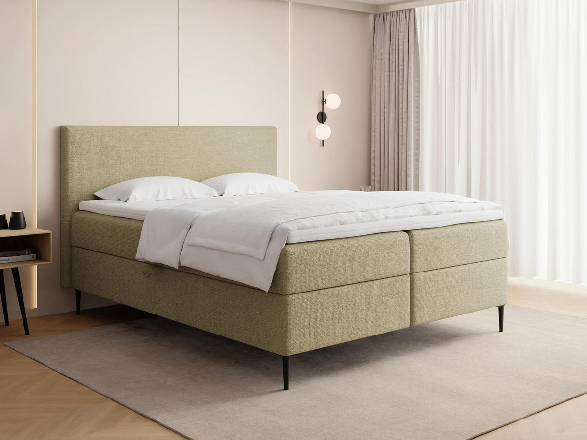 BOXBETT Alba Rise mit Bettkasten, Hell-Olivgrün Chenille 140x200 cm – inkl. H4 Taschenfederkern Matratze & Foam Topper - Schwarz/Olivgrün, Holz/Textil (140/200cm) - WFL GROUP