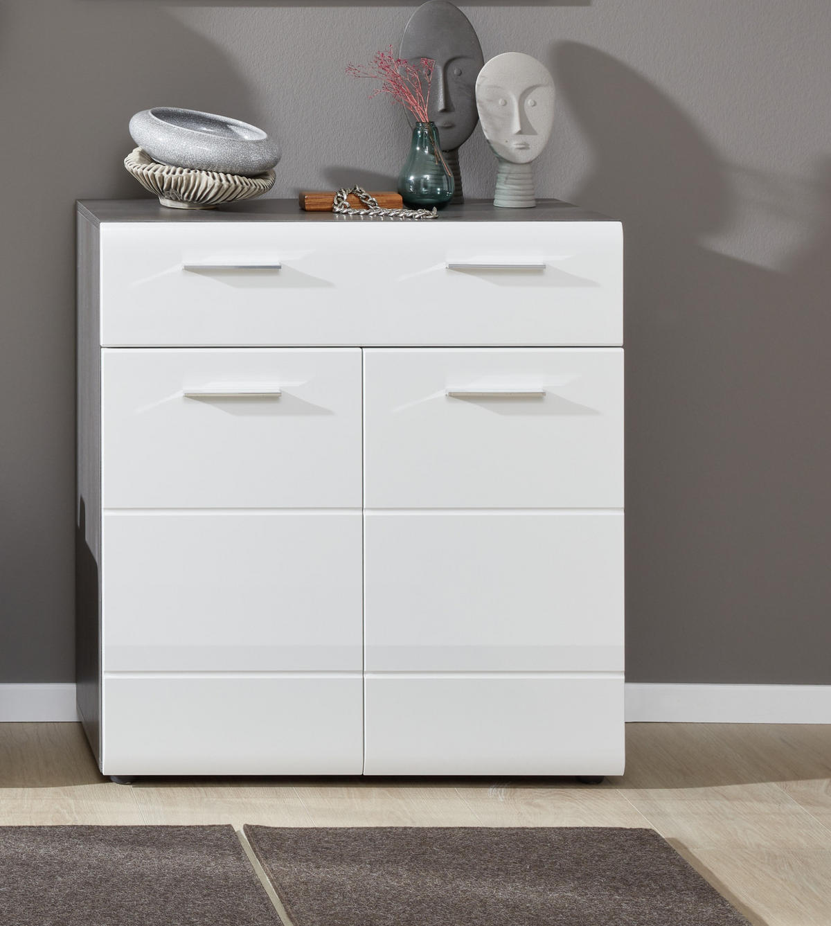 SCHUHKOMMODE Hochglanz weiß, Sardegna grau 80 x 87 cm, Flurkommode 2-türig - Weiß Hochglanz/Silberfarben, Holzwerkstoff/Kunststoff (80/87/35cm) - Top.Furn