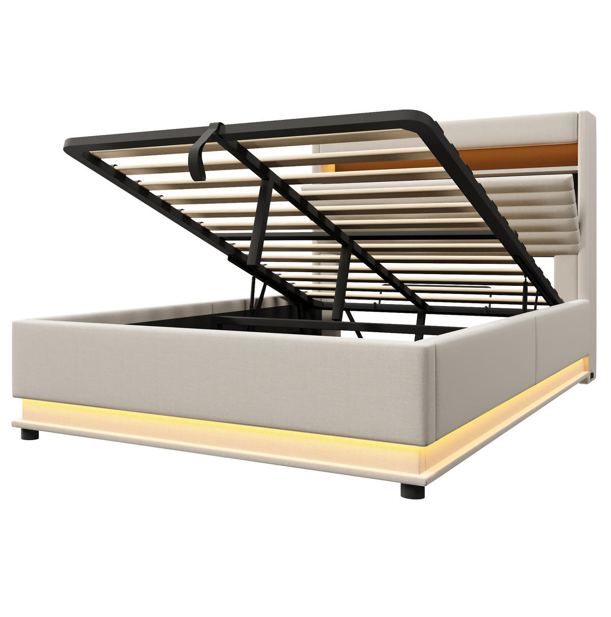 POLSTERBETT 140/200 cm mit LED-Beleuchtung, USB- und Typ-C-Anschluss, hydraulischem Stauraum und Leinenbezug, Beige - Beige, Textil (140/200cm) - Redom