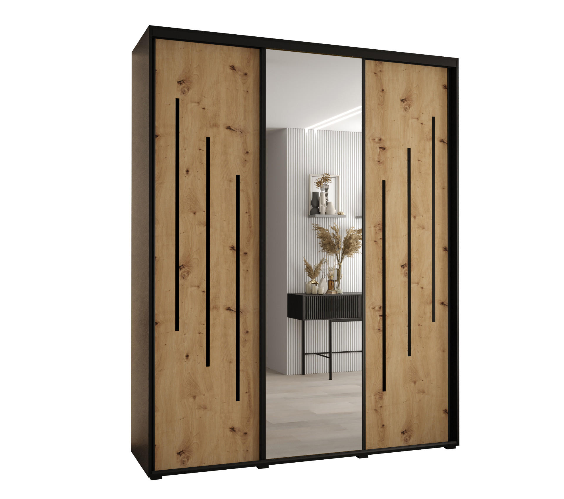 Abiks Möbel Schwebetürenschrank Schwarz, Eiche Artisan, Schwarz 190x235x45 cm