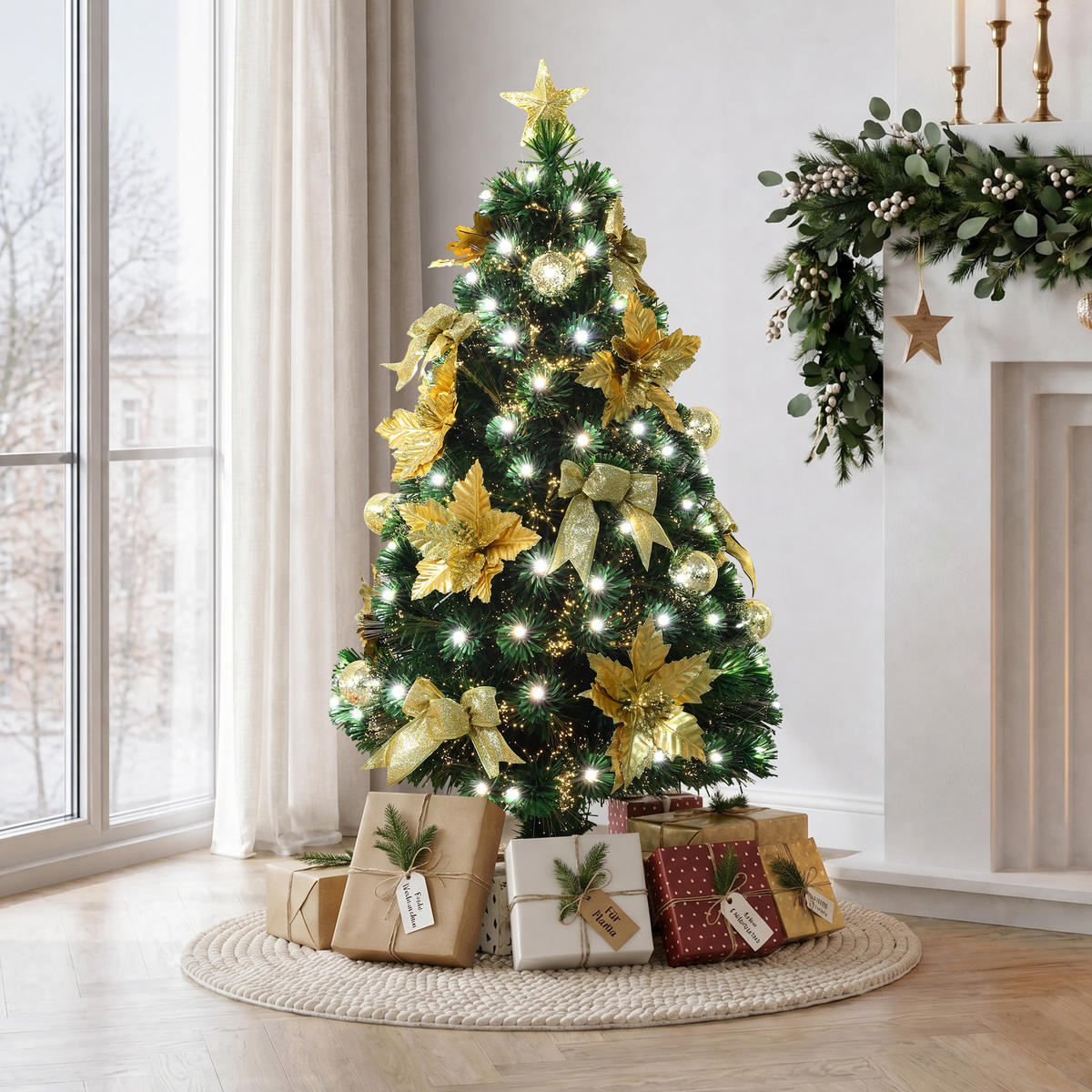 GLASFASER Weihnachtsbaum 120 cm mit 139 LEDs & Golddeko - Grün, Kunststoff (120cm) - Hometopia