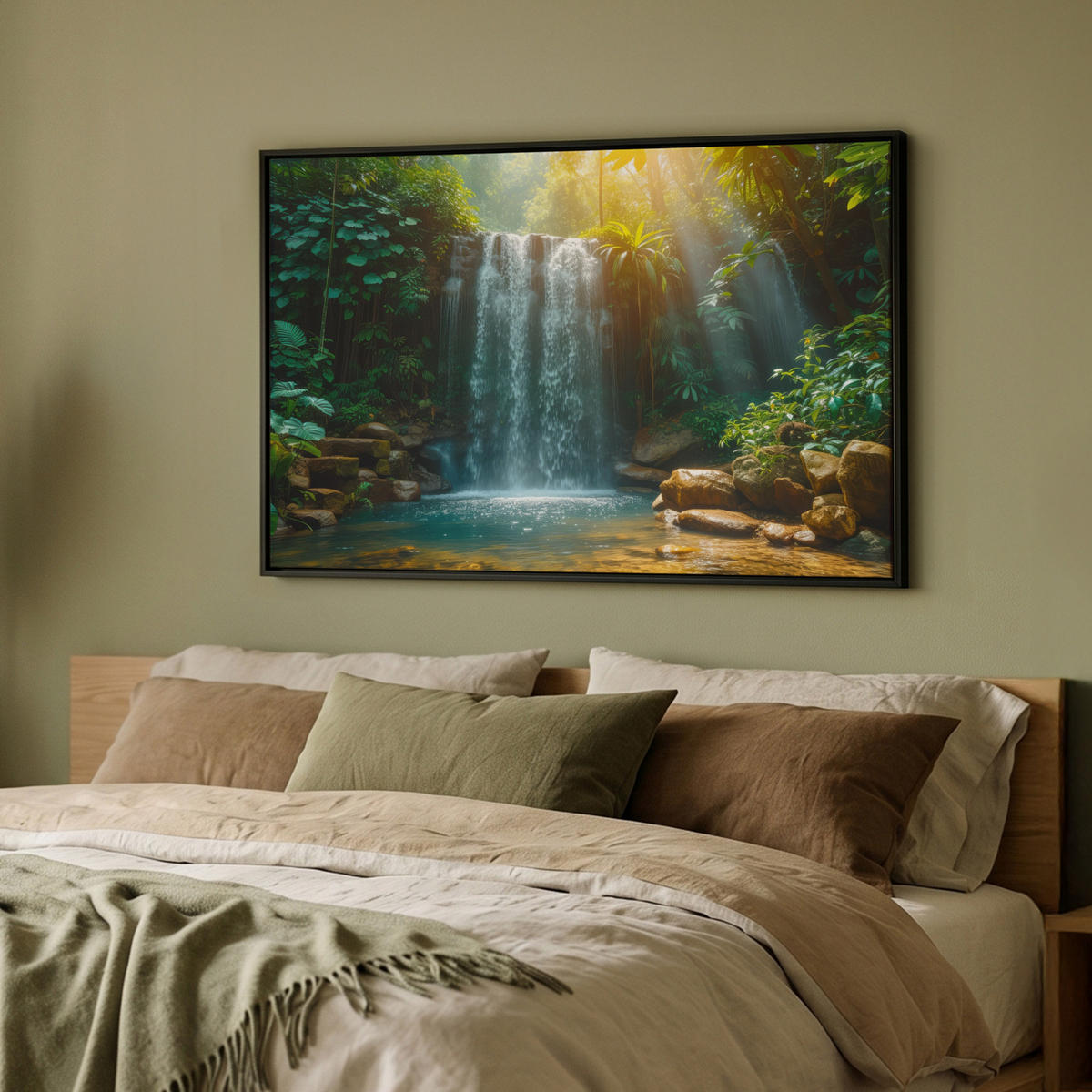LEINWAND Bilder mit Rahmen - Wasserfall - Dschungel - Sonne - Grün - Natur - 90x60 - Grün, Textil (90/60cm) - MuchoWow
