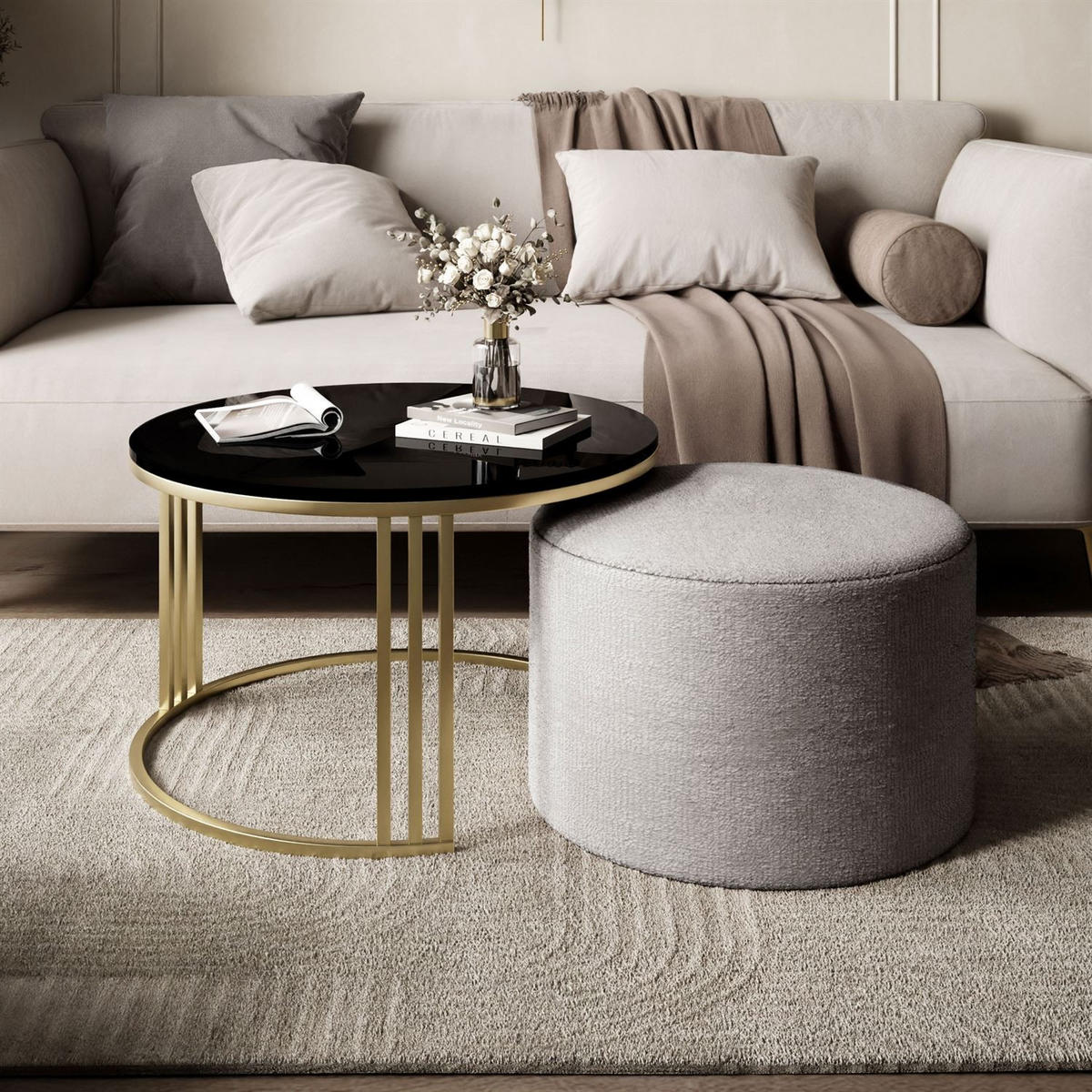 COUCHTISCH mit Hocker LORI Hochglanz gebürstetes Gold/Schwarz glänzend/Perfect Harmony 82 - Weiß, Metall (70/70/49cm) - Lookway