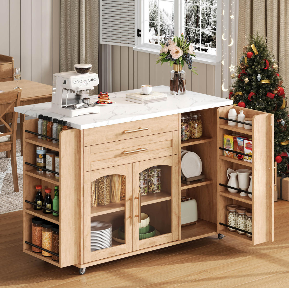 KÜCHENINSEL aus MDF 120x45(70)x90 cm Natur mit klappbarer Arbeitsplatte, Glastüren, Schubladen und 5 Rollen - Naturfarben, Holzwerkstoff (138/90/70cm) - Modfu