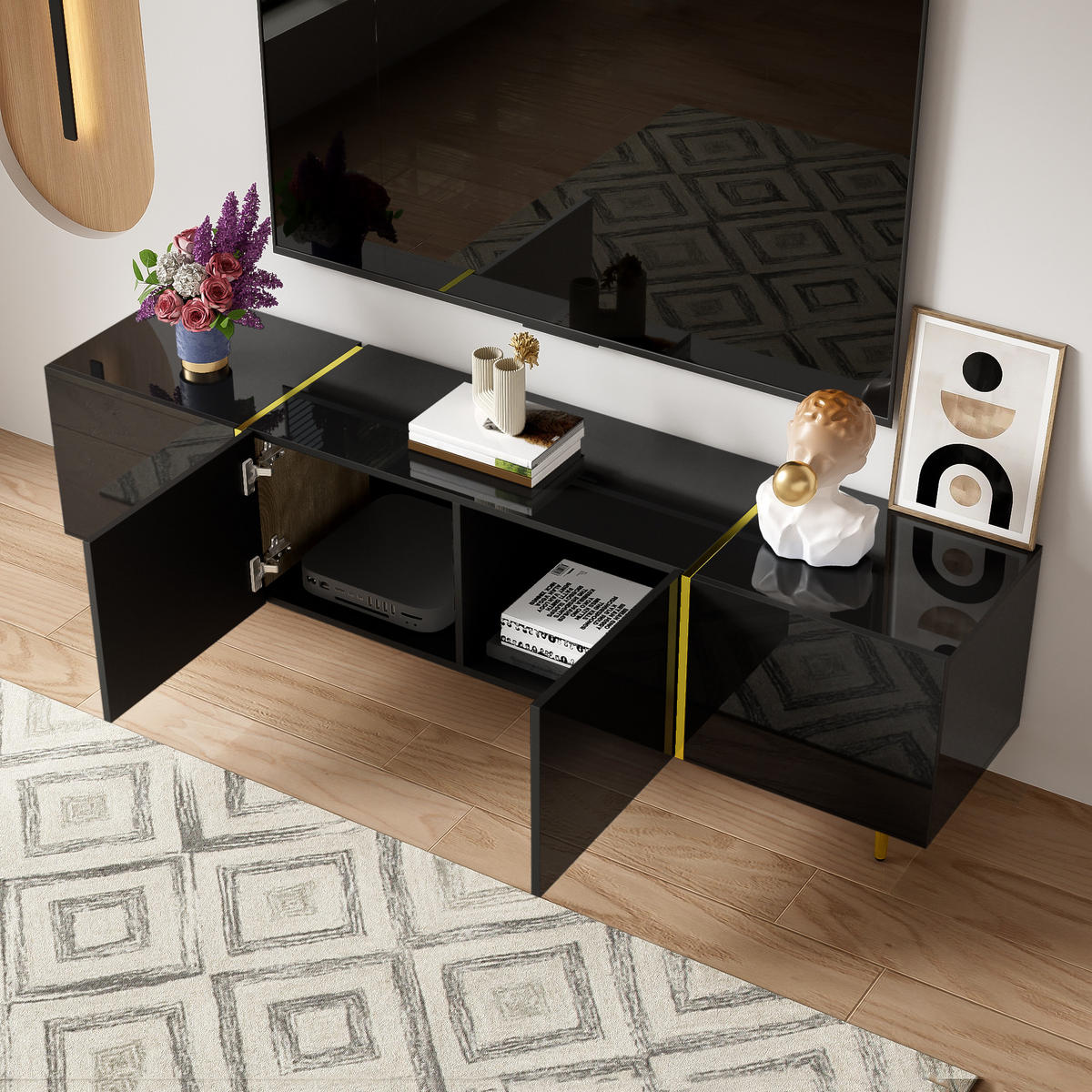LOWBOARD in Schwarz und Gold Hochglanz-TV-Schrank mit 4 Türen für Wohnzimmer, B170/T35/H46 cm - Goldfarben/Schwarz, Holzwerkstoff/Metall (170/46/35cm) - STILVORA
