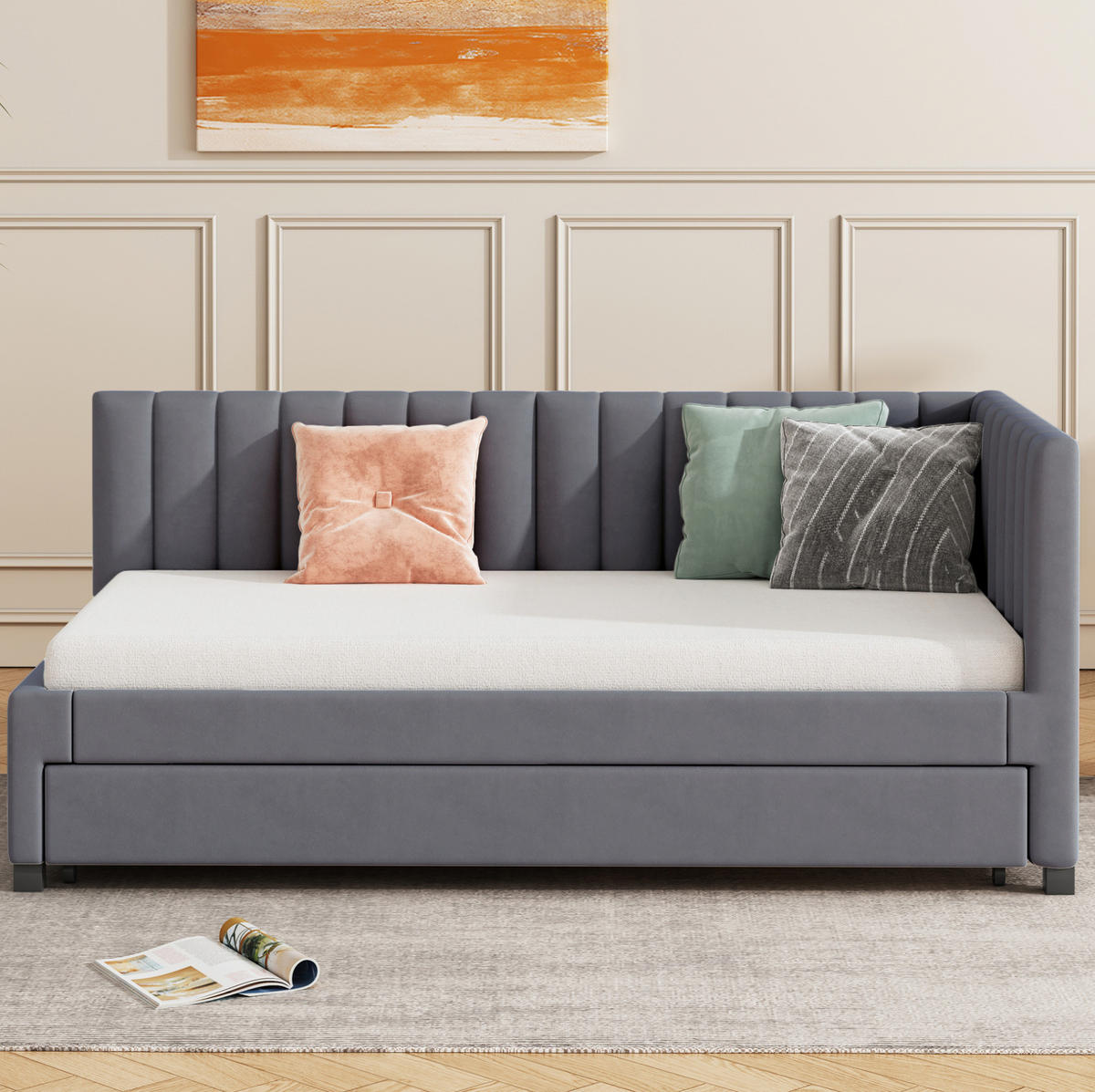 TAPECIRANI krevet 90/200 cm sivi od baršuna s izvlačnim ležajem - siva, tekstil (90/200cm) - OKWISH