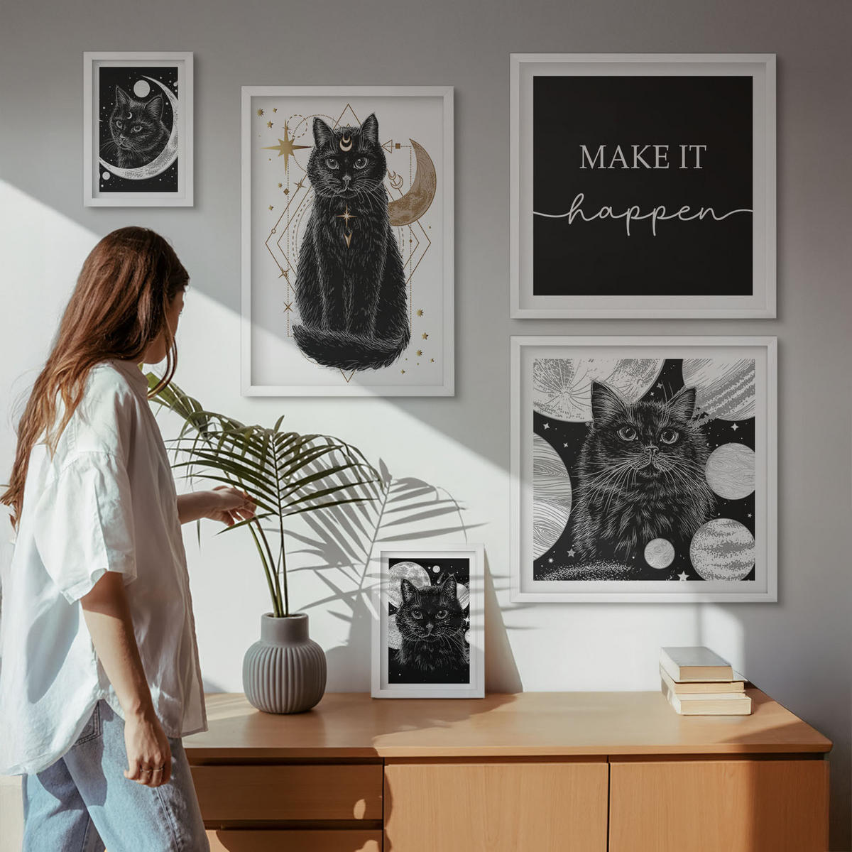 WANDBILDER 5er-Set - 50x50 cm & 20x30 cm & 40x60 cm Weißer Rahmen - Schwarze Katzen, Mond, Planet - Weiß, Kunststoff (40/60cm) - ArtPrintCave