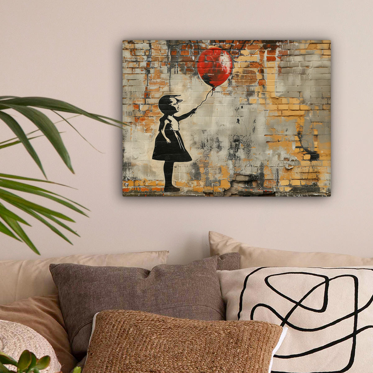 LEINWANDBILD Graffiti - Banksy - Mädchen - Straßenkunst Wandbild 40x30 cm - Sandfarben, Textil (40/30cm) - MuchoWow