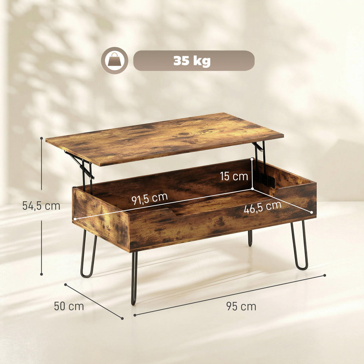 COUCHTISCH DE-15845 höhenverstellbare Platte Rustikales Braun - Braun, Holzwerkstoff (95/50/40cm) - ComfortXL