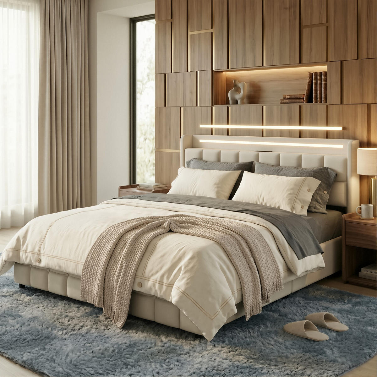POLSTERBETT Geometrisch 160/200 cm mit 4 Schubladen & LED Leinenoptik Beige - Beige, Textil (160/200cm) - Creahappy