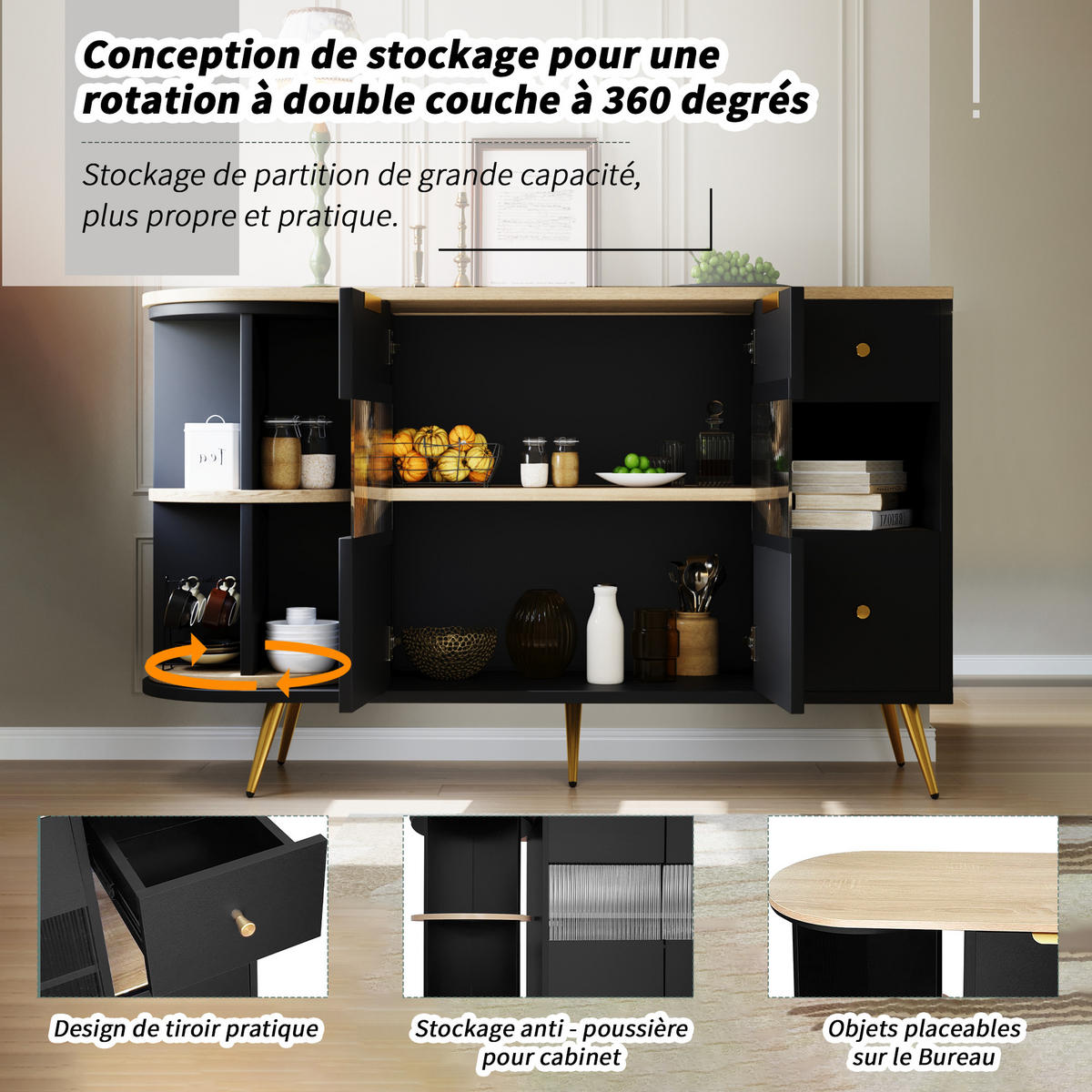 SIDEBOARD mit Kunst-Rattan-Türen und goldenen Details, 130/40/80cm - Schwarz, Holzwerkstoff (130/80/40cm) - Urban Meuble
