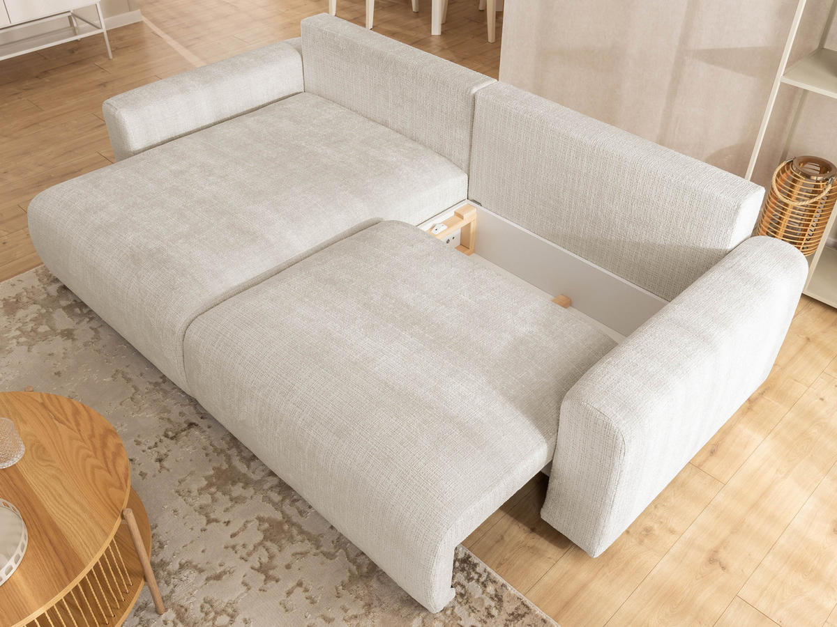 ECKSOFA Calma mit Schlaffunktion und Bettkasten im Bumpy-Design aus weichem Beige Chenille-Stoff - Ottomane links - Beige/Schwarz, Holz/Kunststoff (140/239cm) - S-Style Möbel