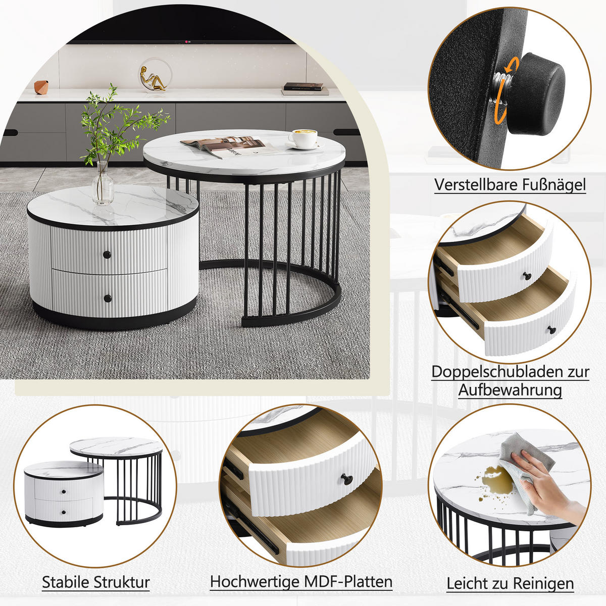 COUCHTISCH-SET 60/60/45,5 & 50/50/32 cm weiß/schwarz aus MDF mit 2 Schubladen - Weiß, Holzwerkstoff (60/60/45cm) - OKWISH