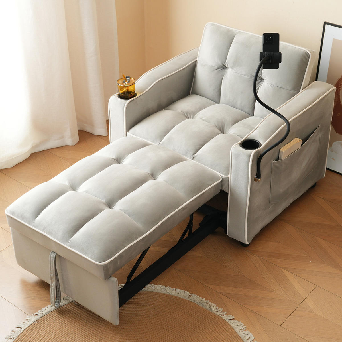 SOFA 3in1 Ausziehbar Schlaffunktion Getränkehalter Handyhalter Kleinraum - Weiß, Holz (75.57/23.5/52.71cm) - FLIEKS