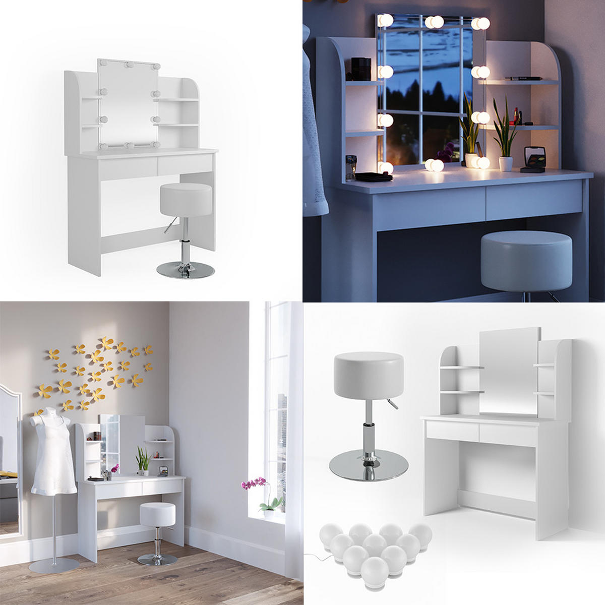 SCHMINKTISCH Charlotte Weiß 108 cm + LED und Hocker - Weiß, Holzwerkstoff (108/139/40cm) - Vicco
