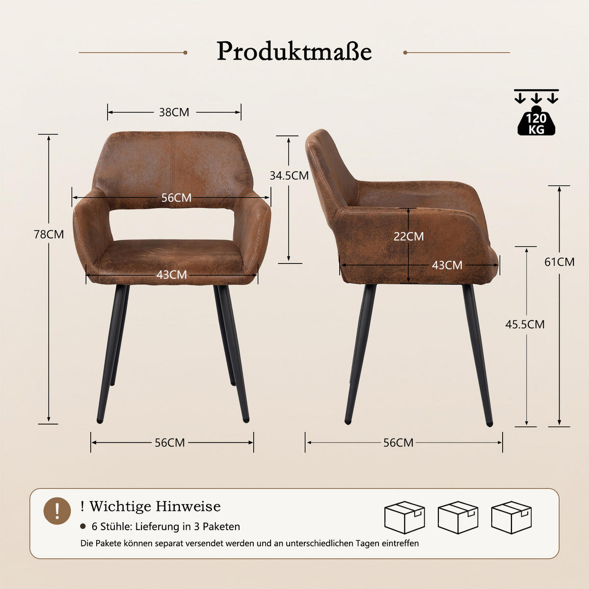 ESSGRUPPE mit Tisch und 6 Armlehnstühlen in Wildlederoptik, Braun - Schwarz/Braun, Textil/Metall (56/78/56cm) - Meubles Cosy