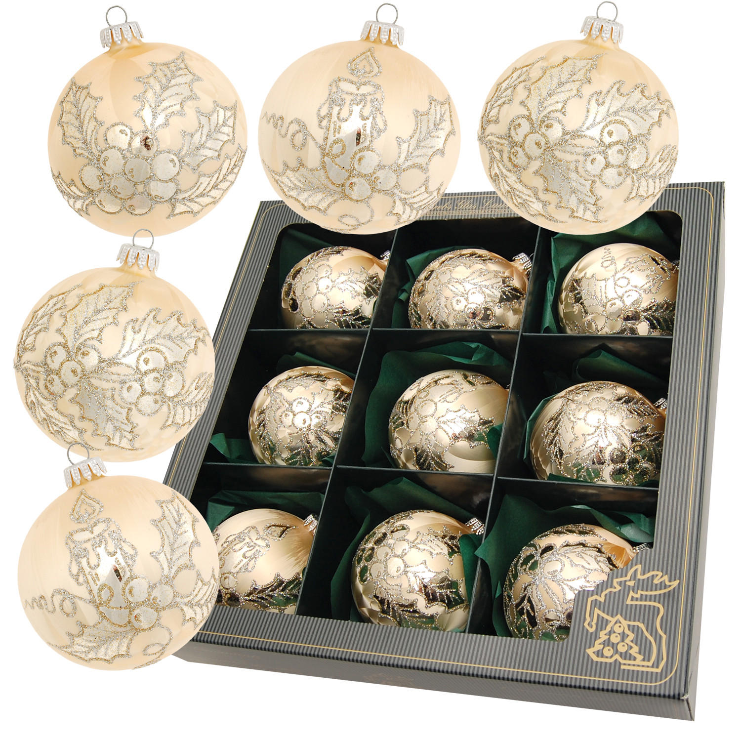 CHRISTBAUMKUGELN Set Eislack Mistelzweig Goldfarbig 8cm (Glas / 9 Stk.) - Goldfarben, Glas (8/8/8cm) - Krebs Glas Lauscha