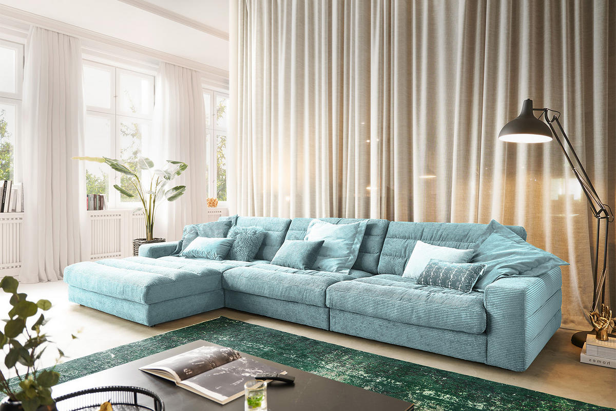 ECKSOFA XL LANA Hellblau Cord - Schwarz/Hellblau, Textil (416/205cm) - KAWOLA