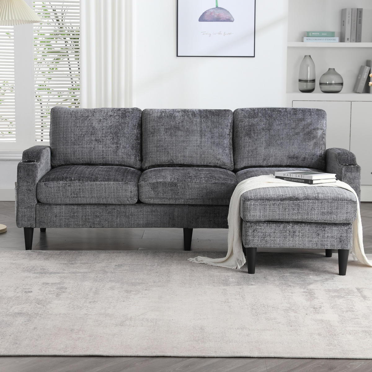 SOFA 4-Sitzer mit Hocker und Stauraum 196,5 x 75 x 77 cm Chenille Gray - Grau, Kunststoff (196.5/77/75cm) - Meubliv