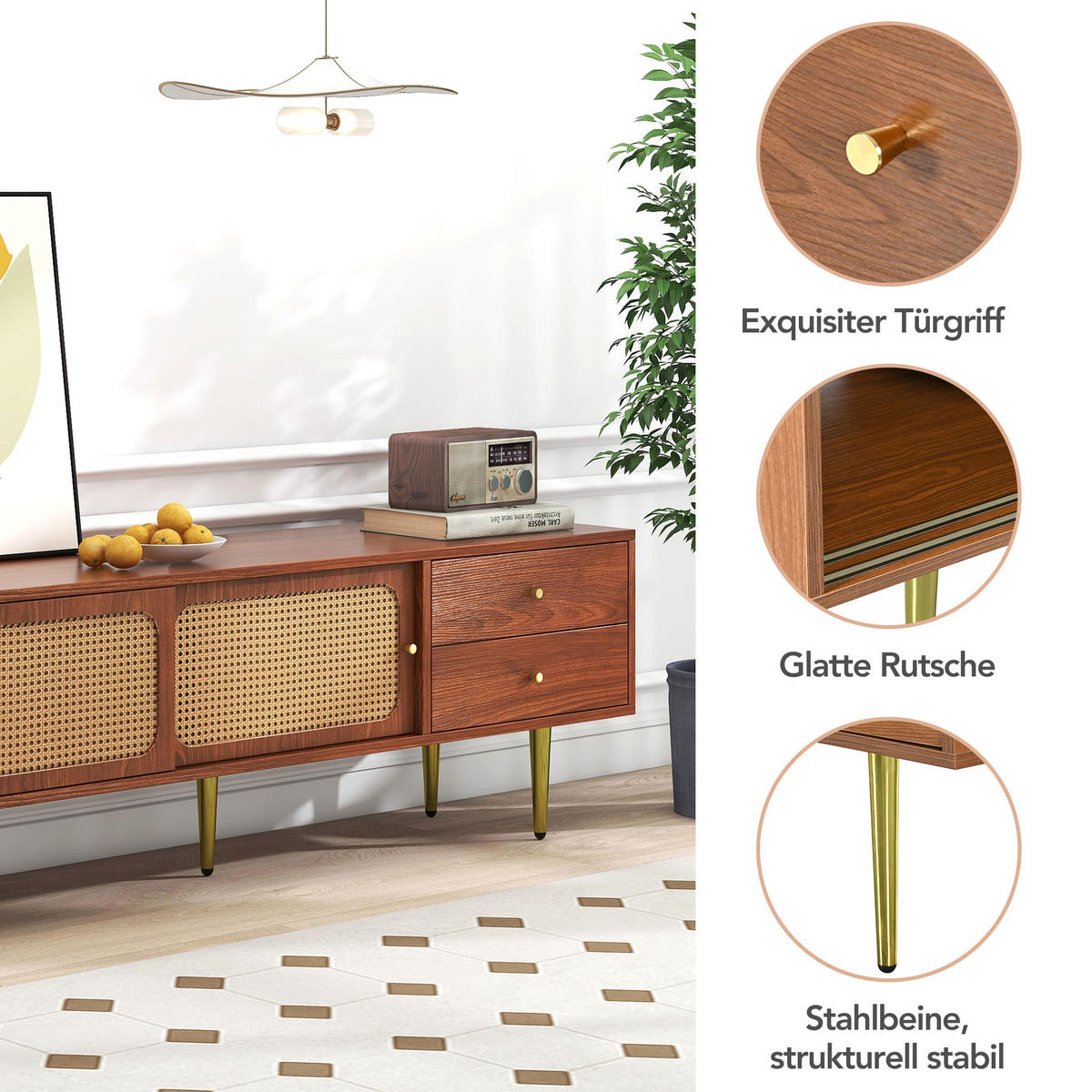 TV-SCHRANK 160/40/60 cm Walnussholzfarbe mit 2 Schubladen und 2 Rattan-Schiebetüren - Nussbaumfarben, Holzwerkstoff/Metall (160/60/40cm) - Oxeza