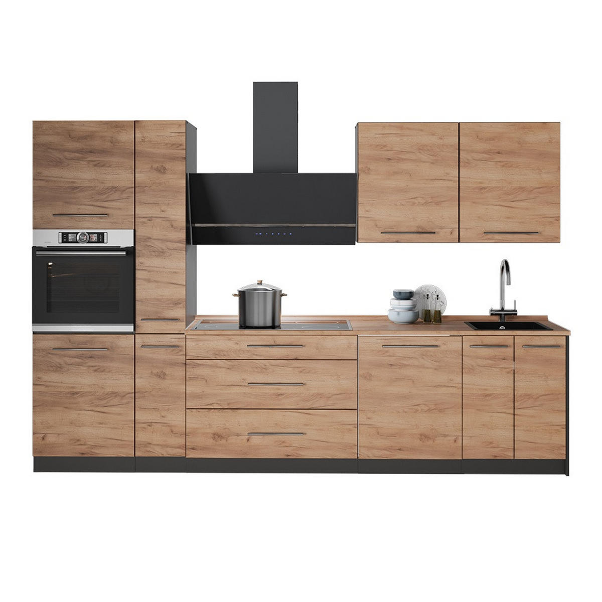 KÜCHENZEILE Fame-Line, Goldkraft Eiche/Anthrazit, 310 cm, AP Anthrazit - Honigeiche/Anthrazit, Holzwerkstoff (310/206.8/60cm) - Vicco