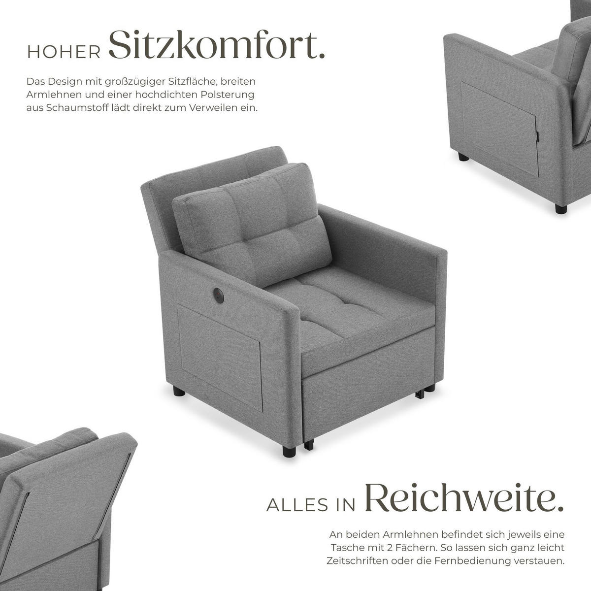 SCHLAFSESSEL Toyama, 82 x 80 x 86 cm, Belastbarkeit 150 kg, grau - Grau, Textil (82/86/144cm) - tectake