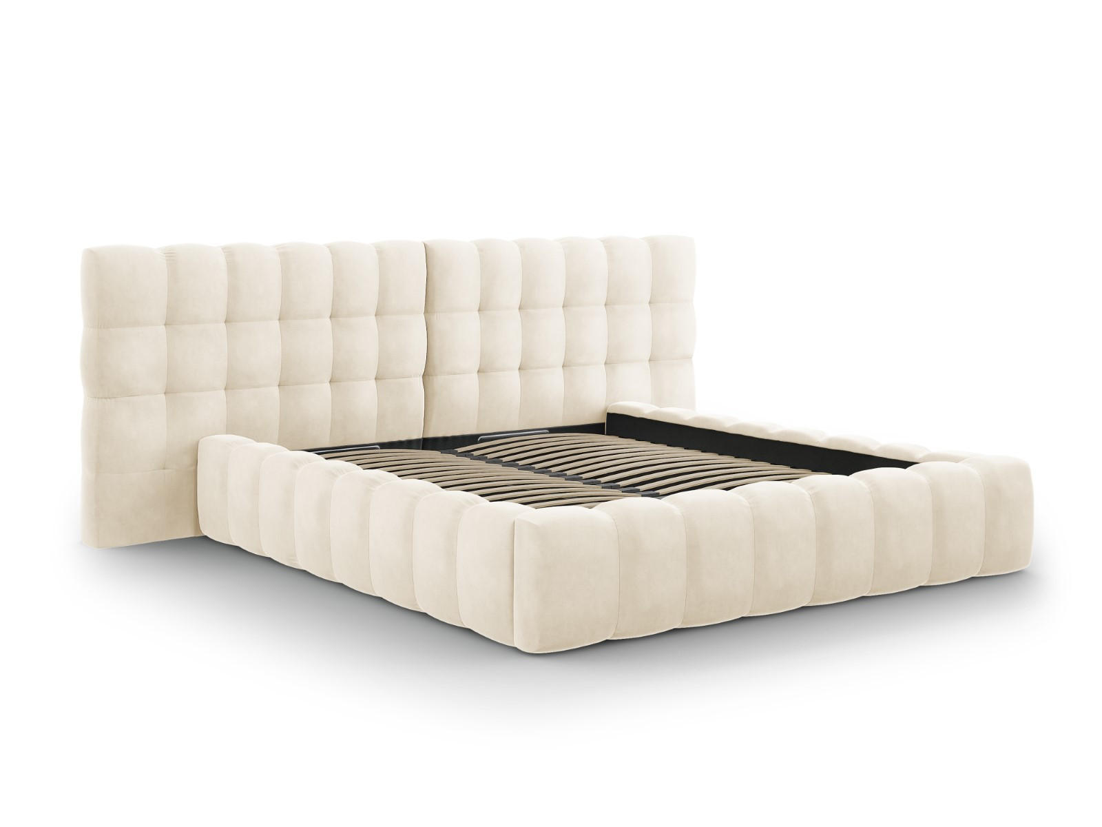 BETT mit Bettkasten und Doppelkopfteil Mamaia aus Samt leichtes beige 180x200cm - Beige, Textil (180/200cm) - Micadoni