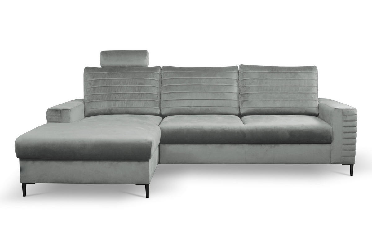 ECKSOFA GRIFO L-S Hellgrau Velours-Stoff mit Schlaffunktion - Hellgrau, Holz (253/165cm) - MASSENO