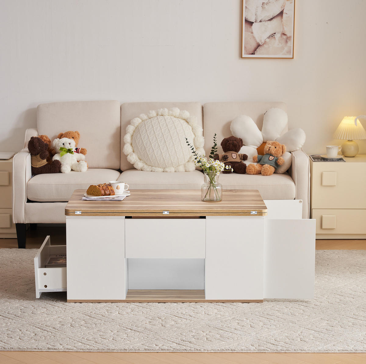 COUCHTISCH 100/51/47 cm Weiß und Holzfarben aus Spanplatte mit höhenverstellbarer Tischplatte - Weiß, Holzwerkstoff (100/51/47cm) - OKMYHOME