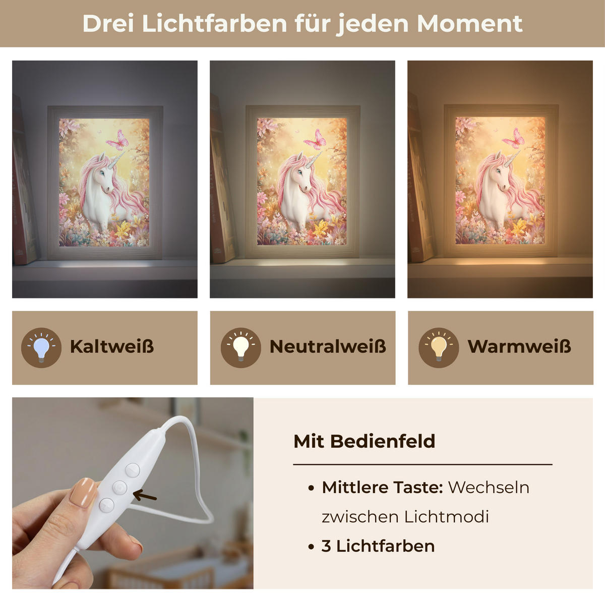 NACHTTISCHLAMPE Einhorn - Blumen - Schmetterling - Rosa 15x20 cm - Beige, Holzwerkstoff (8/15/20cm)