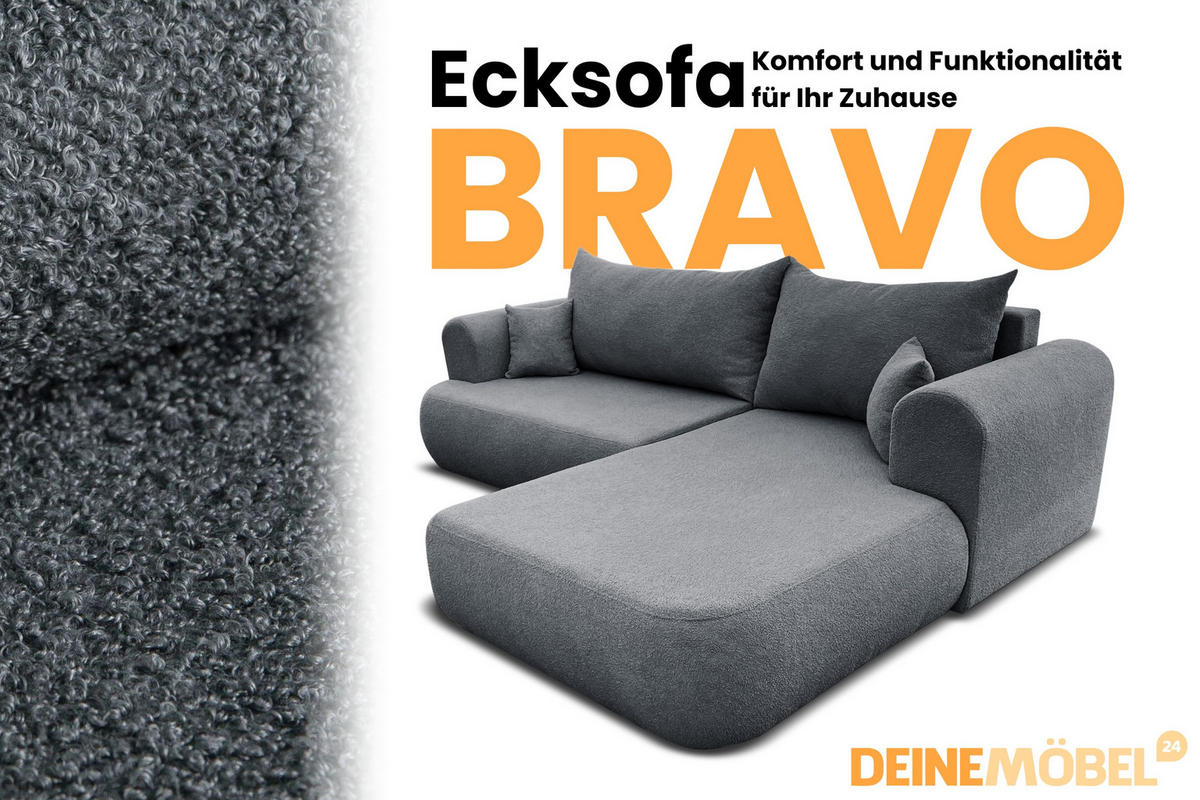 ECKSOFA BRAVO 280/180 in Bouclé Dunkelgrau rechts - Dunkelgrau, Holz/Holzwerkstoff (280/180cm) - Deine Möbel 24