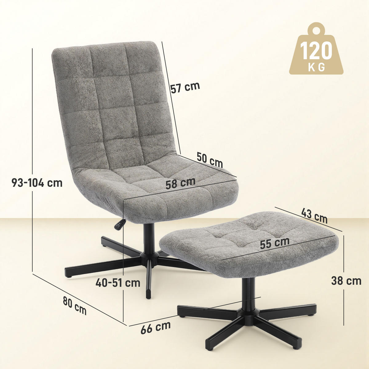 SESSEL mit Fusstütze DE-17413 höhenverstellbar & 135° neigbar Grau - Grau, Metall (66/104/80cm) - ComfortXL