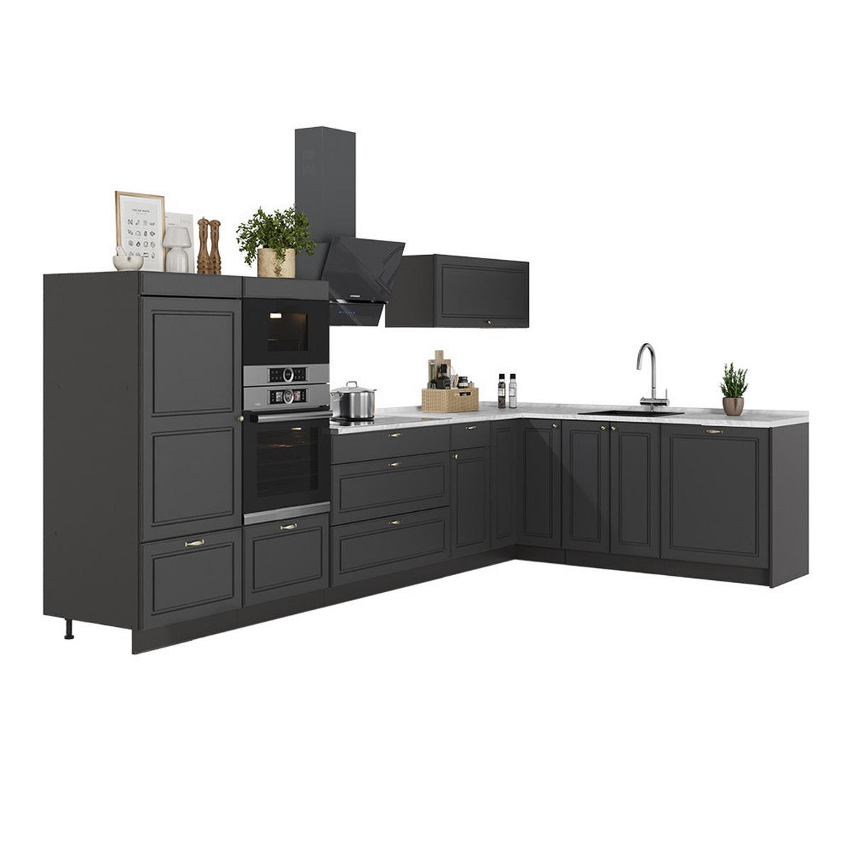 KUHINJA U OBLIKU SLOVA L Fame-Line, Seoska Antracit-Zlatna/Antracit, 347 x 207 cm, RP Hrast - antracit, drvni materijal (347/153.6/60cm) - Vicco
