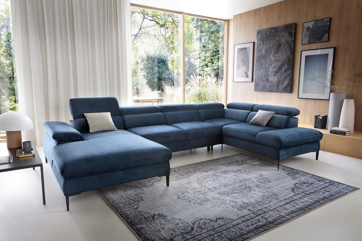 WOHNLANDSCHAFT MESTO Blau Velours-Stoff mit Schlaffunktion - Blau, Holz (353/94/182cm) - MASSENO