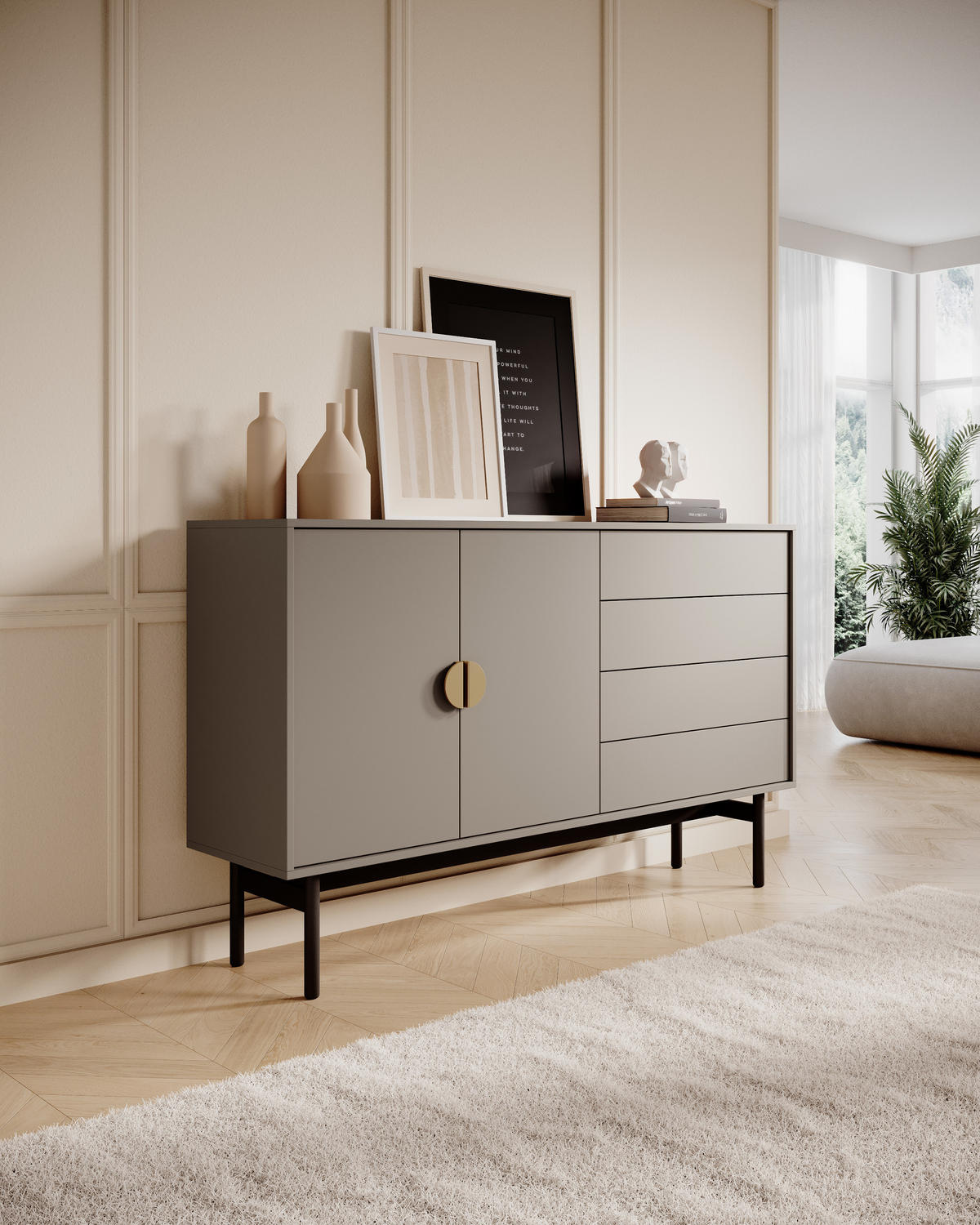 SIDEBOARD Stoon Steingrau 154 cm - Beige/Goldfarben, Holzwerkstoff/Metall (154/93/38cm) - Selsey