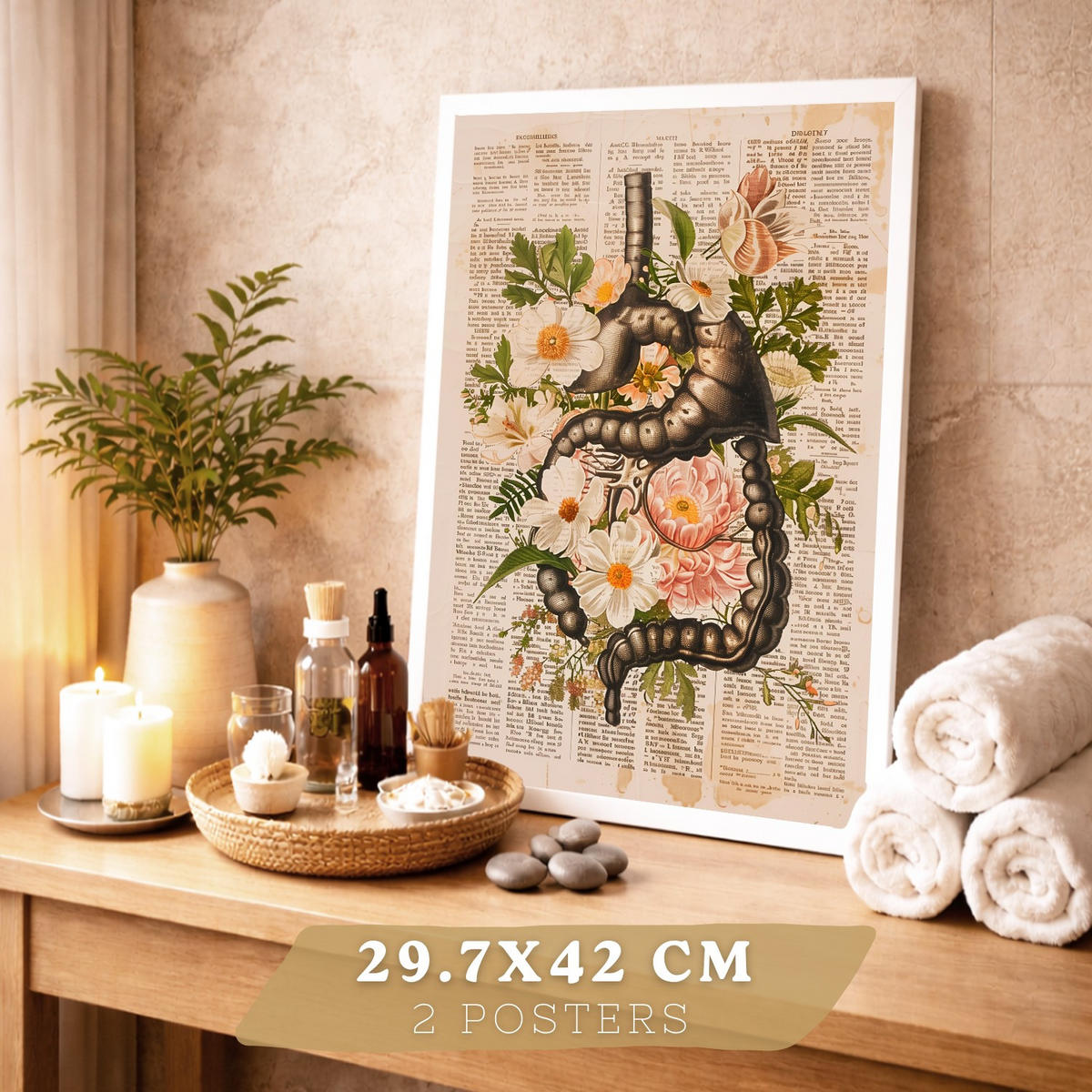 POSTER Set aus 2 Anatomie Mensch Drucke und Wandbilder mit Verdauungssystem Darm und Herz Klassisches Florales Design Größe Rahmenlos A3 - Klar, Papier (29.7/42/3cm) - Nacnic