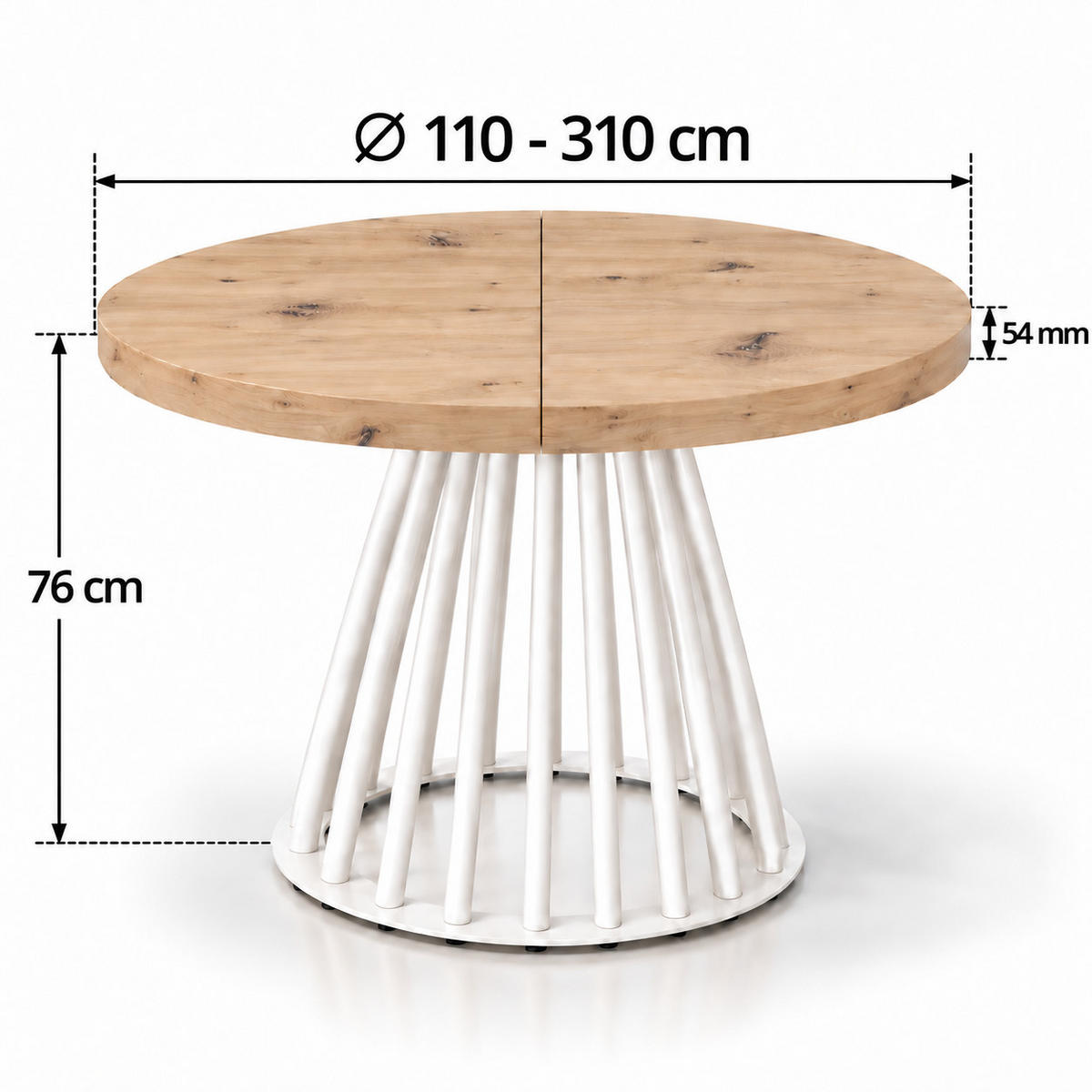 ESSTISCH rund ausziehbar 110/310/76 cm, Eiche Artisan, 54 cm Tischplatte + Lamellen-Metallgestell Weiß - Weiß/Eiche Artisan, Holzwerkstoff/Metall (110/310/76cm) - Damale Möbel