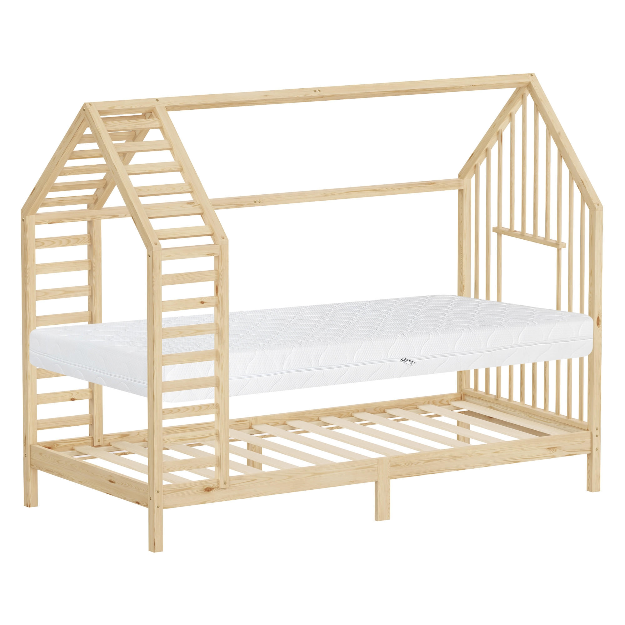 KINDERBETT 90x200 cm mit Matratze Lattenrost & Dach Hausbett aus massivem Kiefernholz Natur - Naturfarben, Holz (90/200cm) - ML-DESIGN