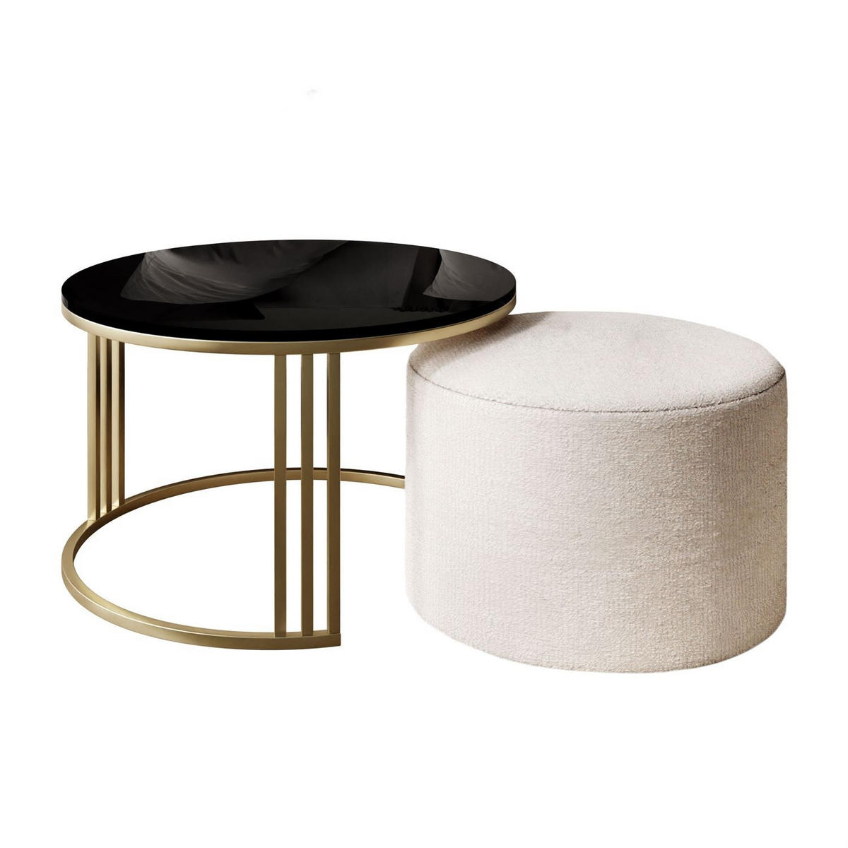 COUCHTISCH mit Hocker LORI Hochglanz gebürstetes Gold/Schwarz glänzend/Perfect Harmony 01 - Schwarz, Metall (70/70/49cm) - Lookway