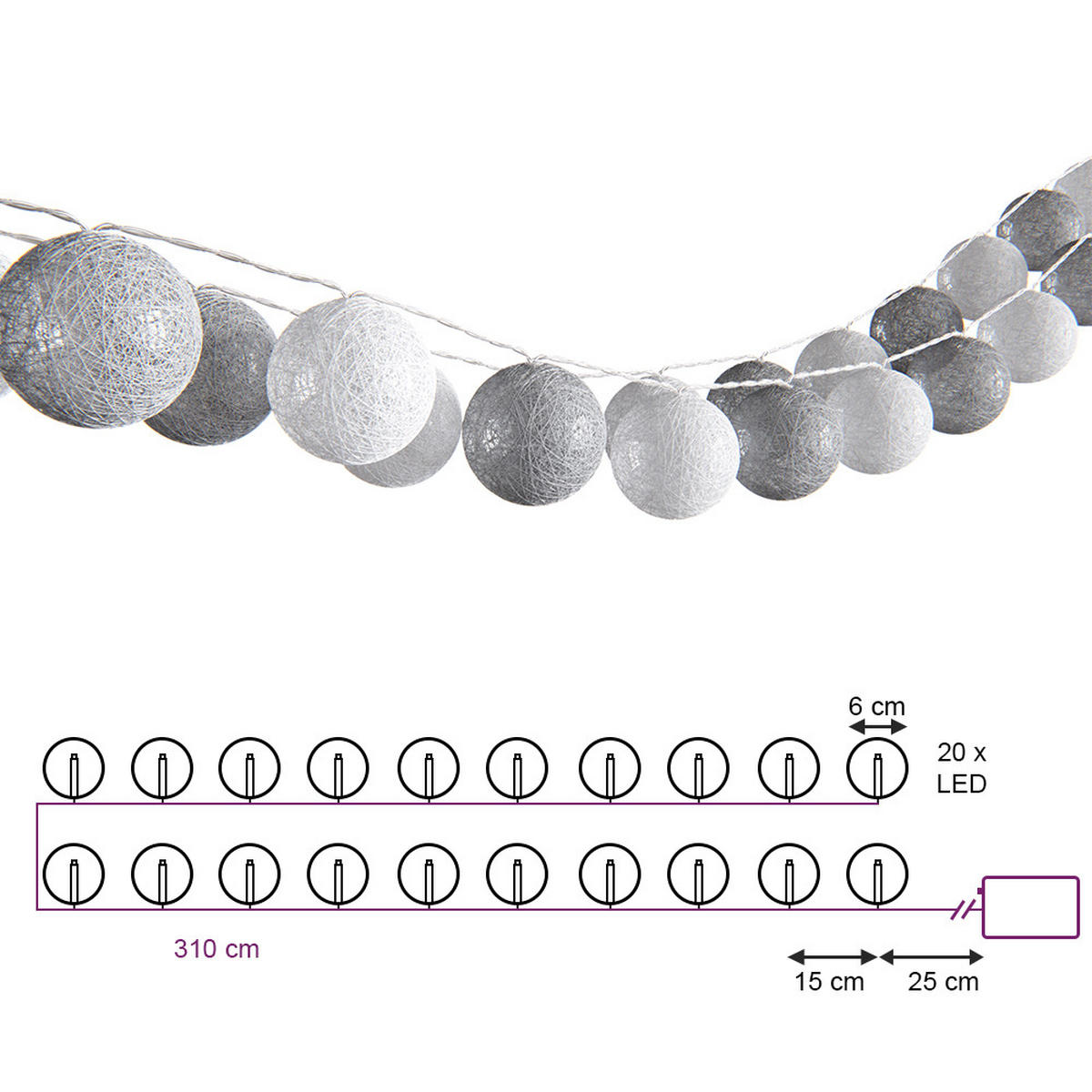 SVĚTÝLKA NA VÁNOČNÍ STROMEČEK Šedá - šedá/bílá, plast (310cm) - Vicco